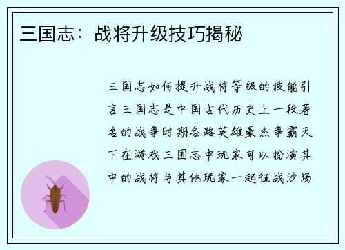 三国志：战将升级技巧揭秘